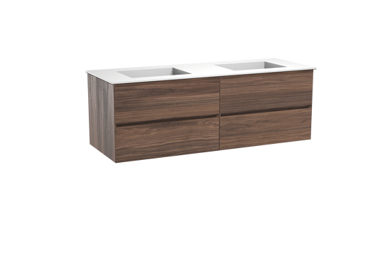 Balmani Mitra zwevend badkamermeubel 150 x 55 cm notelaar met Tablo Stretto dubbele wastafel in solid surface mat wit