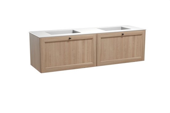 Balmani Lemon meuble salle de bains suspendu 180 x 55 cm chêne vieilli avec Tablo Stretto double vasque en solid surface blanc mat