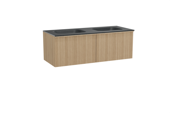 Balmani Forma zwevend badkamermeubel 135 x 55 cm natuur eik met Tablo Arcato dubbele wastafel in graniet zwart, Verticale asymmetrische ronde ribbel
