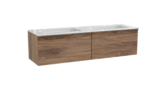 Balmani Forma zwevend badkamermeubel 180 x 55 cm amerikaanse notelaar met Tablo Strada dubbele wastafel in composietmarmer glanzend wit, Horizontale symmetrische rechte ribbel