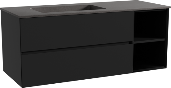 Storke Edge meuble salle de bains suspendu 130 x 52 cm noir mat avec Scuro plan vasque asymétrique à gauche en quartz noir mat