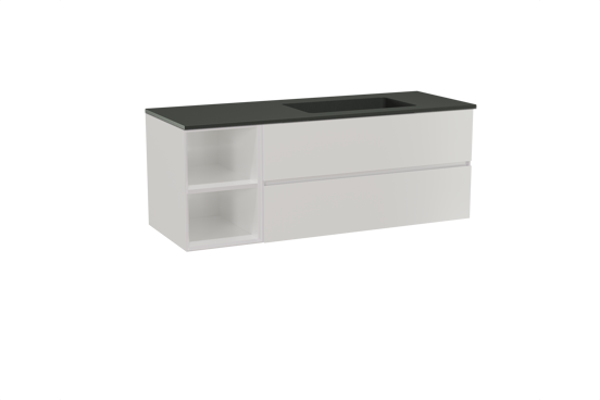 Storke Edge zwevend badmeubel 140 x 52 cm hoogglans wit met Scuro asymmetrisch rechtse wastafel in kwarts mat zwart