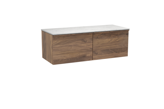 Balmani Forma hängendes Möbelstück Set: 135 x 55 cm, Amerikanischer Nussbaum, mit Stretto Einzel- oder Doppel Waschtischplatte, Marmor, Carrara, Horizontale symmetrische gerade Rippe