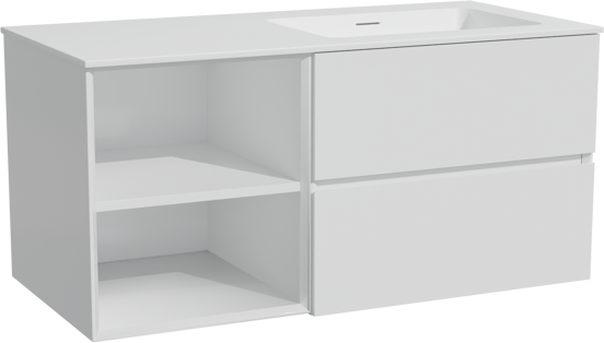 Storke Edge zwevend badmeubel 110 x 52 cm hoogglans wit met Mata asymmetrisch rechtse wastafel in solid surface mat wit