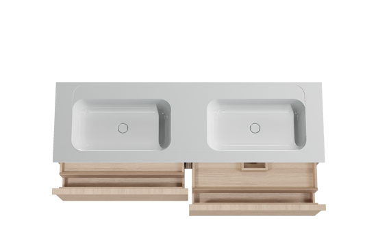 Balmani Forma meuble salle de bains suspendu 180 x 55 cm chêne naturel avec Tablo Strada double vasque en marbre composite blanc brillant, Nervure droite symétrique horizontale