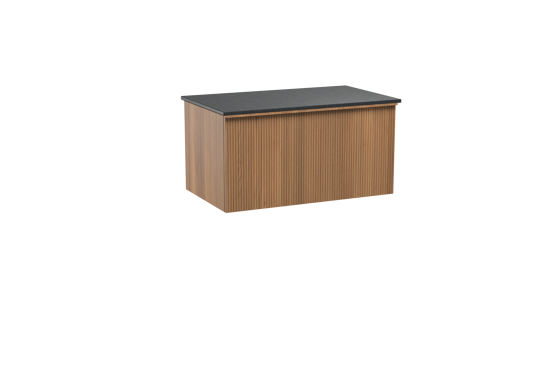 Balmani Forma hängendes Möbelstück Set: 90 x 55 cm, Teak, mit Stretto Einzel Waschtischplatte, Granit, Schwarzes Granit, Vertikale symmetrische gerade Rippe