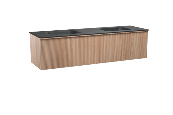 Balmani Forma zwevend badkamermeubel 180 x 55 cm natuur eik met Tablo Arcato dubbele wastafel in graniet zwart, Verticale symmetrische rechte ribbel