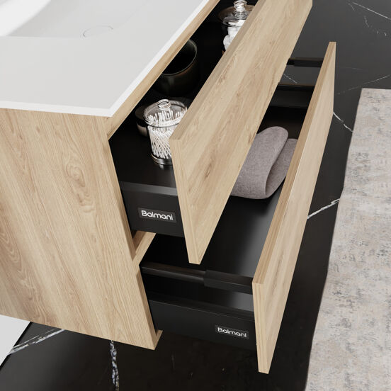 Balmani Lucida meuble salle de bains suspendu 135 x 55 cm chêne brut avec Tablo Arcato vasque asymétrique droite en solid surface blanc mat