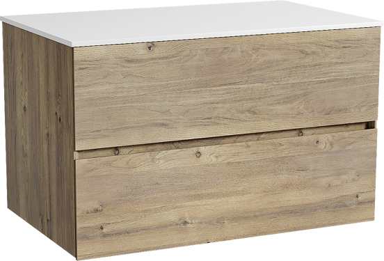 Storke Edge meuble salle de bains suspendu 85 x 52 cm chêne brut avec Tavola tablette simple en solid surface blanc mat