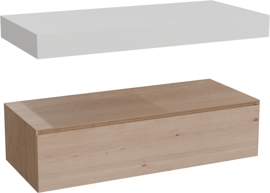 Balmani Mitra Elements zwevend badkamermeubel 120 x 55 cm natuur eik met Dominus enkel of dubbel tablet in solid surface mat wit