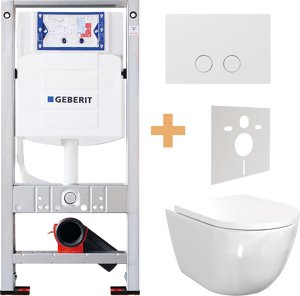 WC Set: Luca Varess Moreno Hänge WC, Weiß glänzend, spülrandlos, Burda Element für Wand-WC mit Geberit Sigma UP320 Spülkasten und Luca Varess Betätigungsplatte