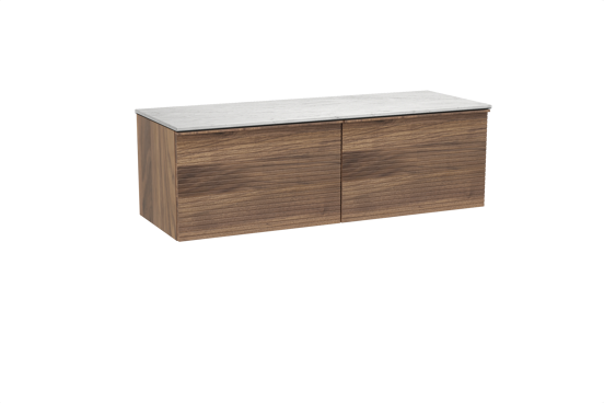 Balmani Forma hängendes Möbelstück Set: 150 x 55 cm, Amerikanischer Nussbaum, mit Stretto Einzel- oder Doppel Waschtischplatte, Marmor, Carrara, Horizontale symmetrische gerade Rippe