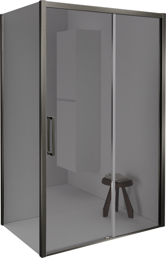 Balmani Senses Design douche en coin avec porte coulissante à droite et paroi latérale fixe, 120 x 90 cm, Miroir Reflex, Profil Brushed GunMetal