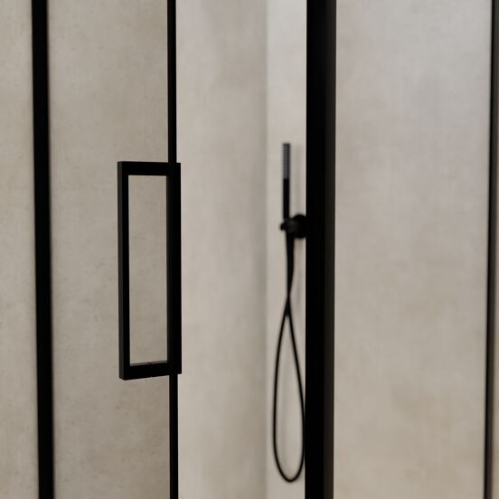 Balmani Senses Design douchehoek met linkse draaideur en vaste zijwand, 90 x 90 cm, Helder glas, Zwarte profielen, met coating