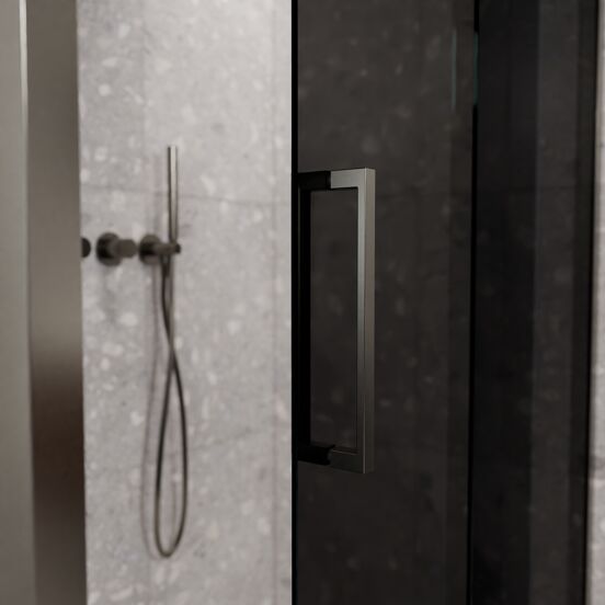 Balmani Senses Design Eckdusche: Schiebetür (Rechts) mit fixierte Seitenwand, 140 x 80 cm, Rauchglas, Profil Brushed GunMetal