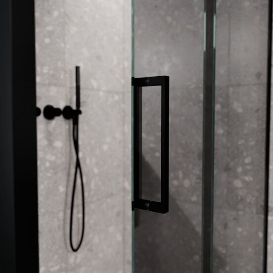 Balmani Senses Design douche en coin avec porte coulissante à droite et paroi latérale fixe, 140 x 80 cm, Miroir Reflex, Profil Noir mat