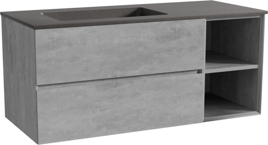 Storke Edge zwevend badmeubel 120 x 52 cm beton donkergrijs met Scuro asymmetrisch linkse wastafel in kwarts mat zwart