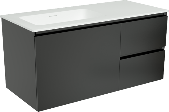 Storke Edge zwevend badkamermeubel 100 x 46 cm mat zwart met Mata asymmetrisch linkse wastafel in solid surface mat wit