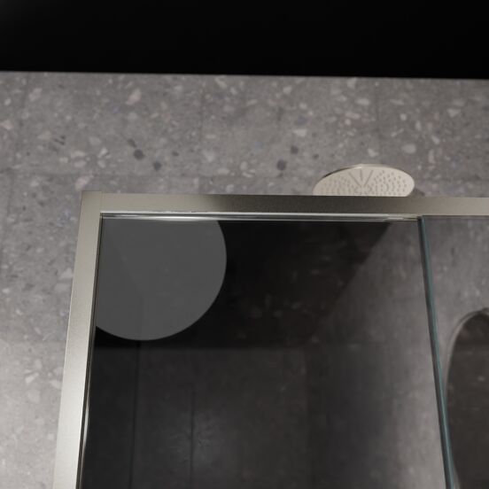 Balmani Senses Design douche en coin avec porte coulissante à droite et paroi latérale fixe, 120 x 80 cm, Miroir Reflex, Profil Brushed CoolMetal