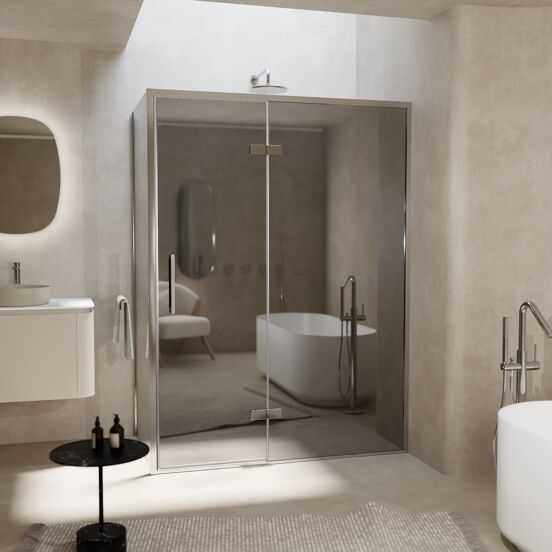 Balmani Senses Design douche en coin avec porte pivotante à droite et paroi latérale fixe, 140 x 80 cm, Miroir Reflex, Profil chrome, coating inclus