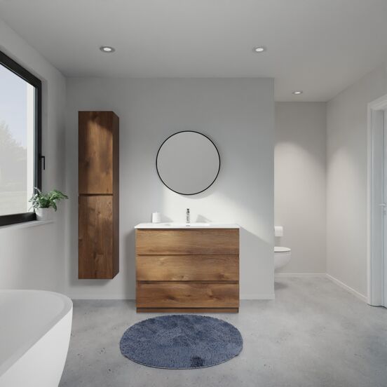 Linie Lado staand badmeubel 100 x 46 cm bruin eiken met Baro enkele wastafel in porselein hoogglans wit