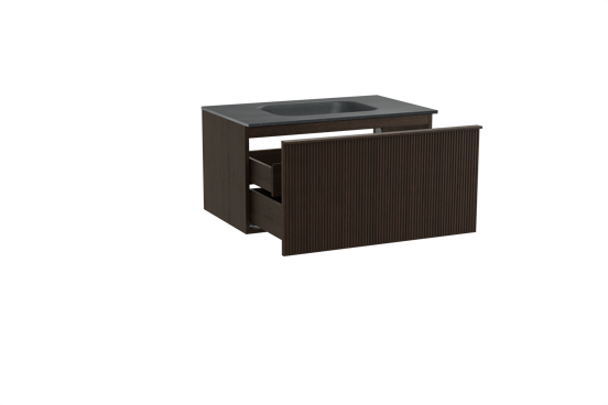 Balmani Forma meuble salle de bains suspendu 90 x 55 cm chêne fumé avec Tablo Arcato plan simple en granit noir, Nervure droite symétrique verticale