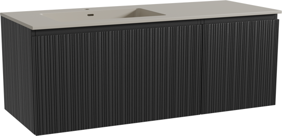 Storke Ribs meuble salle de bains suspendu 130 x 52 cm chêne noir avec Diva vasque asymétrique gauche en top solid soie grise, Nervure droite asymétrique verticale