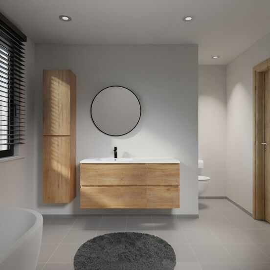 Linie Lado meuble salle de bains suspendu 120 x 46 cm chêne naturel avec Vano vasque asymétrique gauche en marbre composite blanc mat