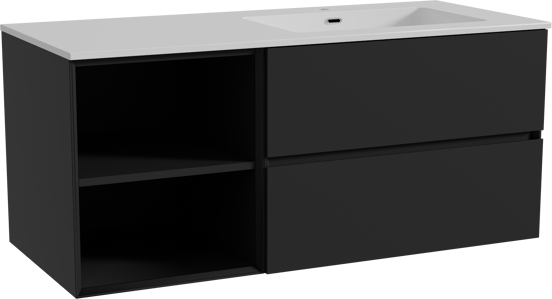 Storke Edge meuble salle de bains suspendu 120 x 52 cm noir mat avec Diva plan vasque asymétrique à droite en marbre composite blanc brillant