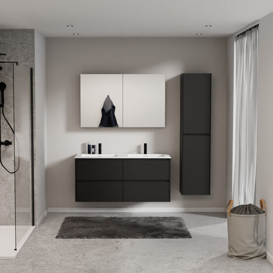 Storke Seda zwevend badmeubel 130 x 52 cm mat zwart met Mata dubbele wastafel in solid surface mat wit