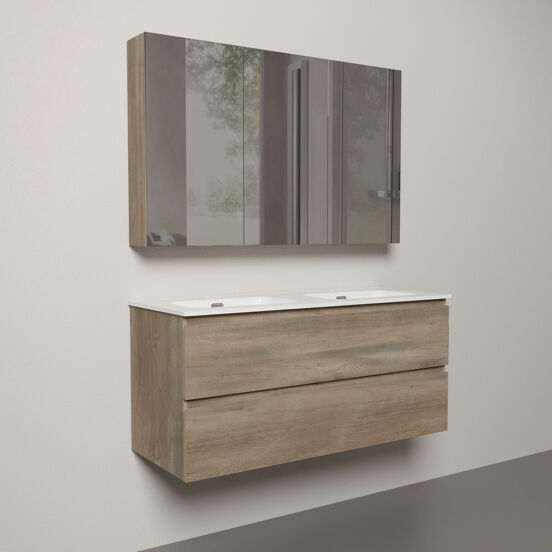 Linie Lado hängendes Möbelstück Set: 120 x 46 cm, Graue Eiche, mit Baro Doppelwaschtisch im Porzellan Weiß glänzend und Montro Spiegelschrank