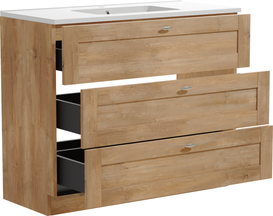 Linie Classo freistehendes Möbelstück Set: 100 x 46 cm, Naturbelassene Eiche, mit Vano Einzelwaschtisch, Marmorkomposit Weiß glänzend