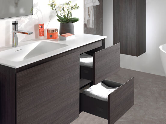 Storke Edge meuble sous-lavabo suspendu 100 x 46 cm asymétrique gauche chêne foncé 3 tiroirs
