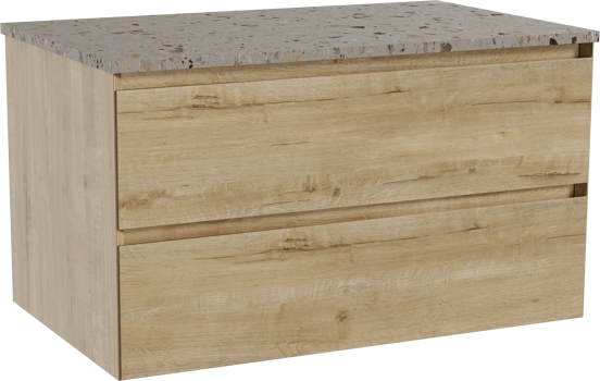 Balmani Mitra hängendes Möbelstück Set: 90 x 55 cm, Rohe Eiche, mit Stretto Einzel Waschtischplatte, Terrazzo in Greige