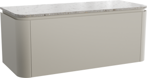 Balmani Moon hängendes Möbelstück Set: 130 x 55 cm, Seidengrau, mit Moon Einzel- oder Doppel Waschtischplatte, Terrazzo in Greige