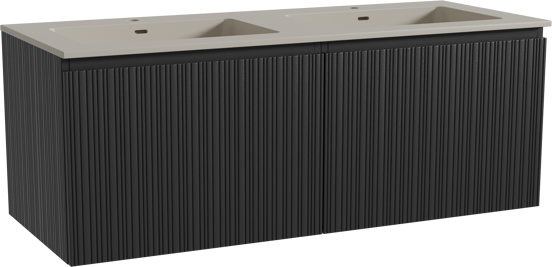 Storke Ribs zwevend badmeubel 130 x 52 cm zwart eiken met Diva dubbele wastafel in top solid zijdegrijs, Verticale asymmetrische rechte ribbel