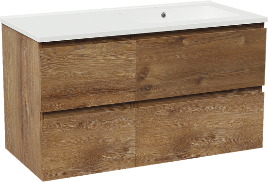 Linie Lado zwevend badkamermeubel 100 x 46 cm bruine eik met Vano asymmetrisch rechtse wastafel in composietmarmer glanzend wit
