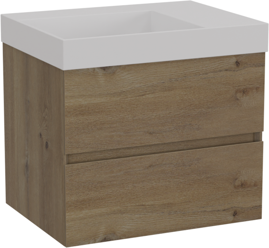Storke Edge zwevend badkamermeubel 60 x 46 cm ruwe eik met Jura asymmetrisch linkse wastafel in solid surface mat wit