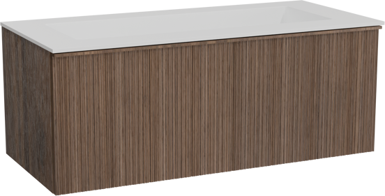 Balmani Forma zwevend badkamermeubel 120 x 55 cm amerikaanse notelaar met Tablo Stretto enkele wastafel voor 2 kraangaten in solid surface mat wit, Verticale asymmetrische ronde ribbel