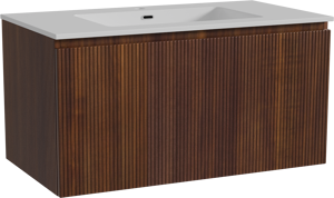 Storke Ribs zwevend badmeubel 95 x 52 cm notenhout met Diva enkele wastafel in composietmarmer hoogglans wit, Verticale symmetrische rechte ribbel