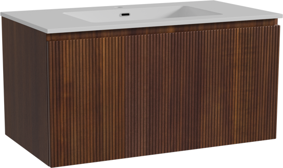 Storke Ribs zwevend badkamermeubel 95 x 52 cm notelaar met Diva enkele wastafel in composietmarmer glanzend wit, Verticale symmetrische rechte ribbel