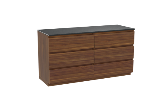 Balmani Lucida freistehendes Möbelstück Set: 150 x 55 cm, Amerikanischer Nussbaum, mit Stretto Einzel- oder Doppel Waschtischplatte, Schwarzes Granit