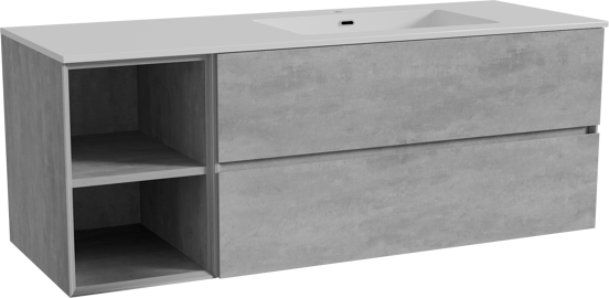 Storke Edge meuble salle de bains suspendu 140 x 52 cm béton gris foncé avec Diva plan vasque asymétrique à droite en marbre composite blanc brillant