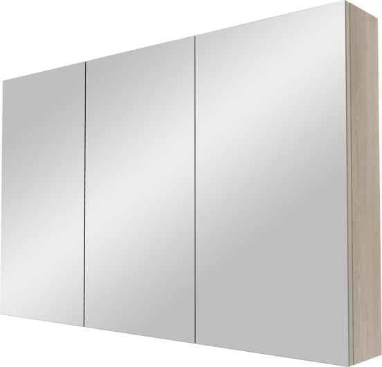 Linie Lado hängendes Möbelstück Set: 120 x 46 cm, Graue Eiche, mit Baro Doppelwaschtisch im Porzellan Weiß glänzend und Montro Spiegelschrank