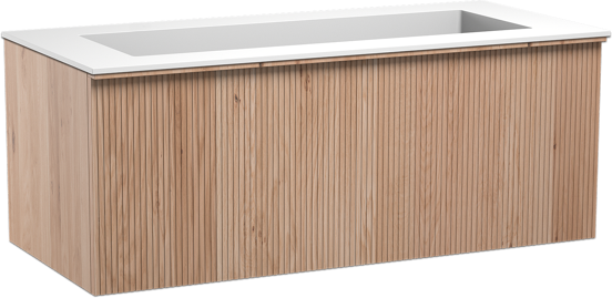 Balmani Forma zwevend badkamermeubel 120 x 55 cm natuur eik met Tablo Stretto enkele wastafel voor 2 kraangaten in solid surface mat wit, Verticale symmetrische rechte ribbel