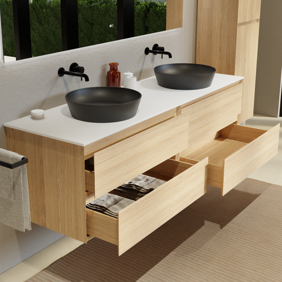 Balmani Mitra zwevend badkamermeubel 180 x 55 cm natuur eik met Stretto enkel of dubbel tablet in solid surface mat wit