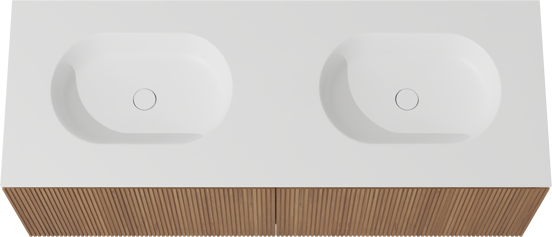 Balmani Eclips zwevend badkamermeubel 150 x 55 cm Teak met Tablo Oval dubbele wastafel in Solid Surface mat wit, Verticale symmetrische rechte ribbel