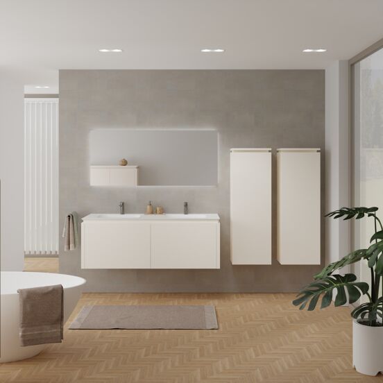 Balmani Eclips zwevend badkamermeubel 150 x 55 cm Sandbeige met Eclips dubbele wastafel in Solid Surface mat wit