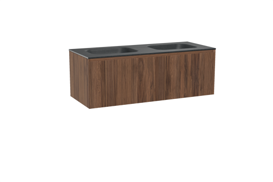 Balmani Fila hängendes Möbelstück Set: 135 x 55 cm, Nussbaum, mit Tablo Arcato Doppelwaschtisch, Granit, Schwarzes Granit, Vertikale symmetrische gerade Rippe