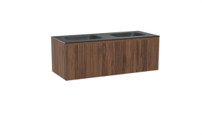 Balmani Fila hängendes Möbelstück Set: 135 x 55 cm, Nussbaum, mit Tablo Arcato Doppelwaschtisch, Granit, Schwarzes Granit, Vertikale symmetrische gerade Rippe